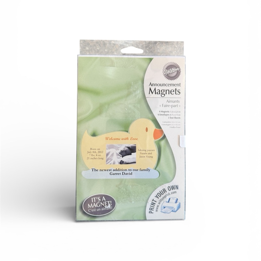 NEW Wilton Set of 5 Baby Announcement Printable Magnets with Yellow Duck Design